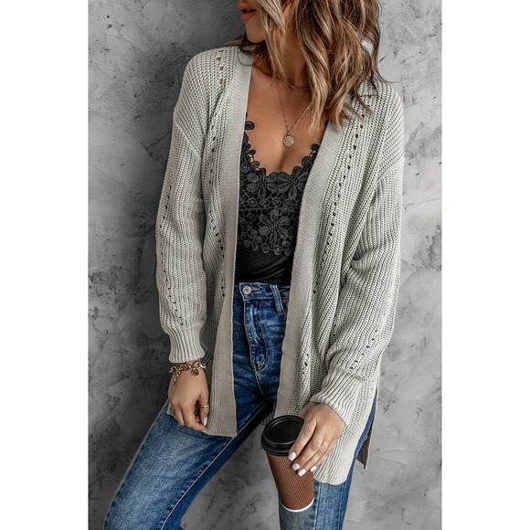 White Label Sweaters - Openwork Rib-Knit Slit Cardigan